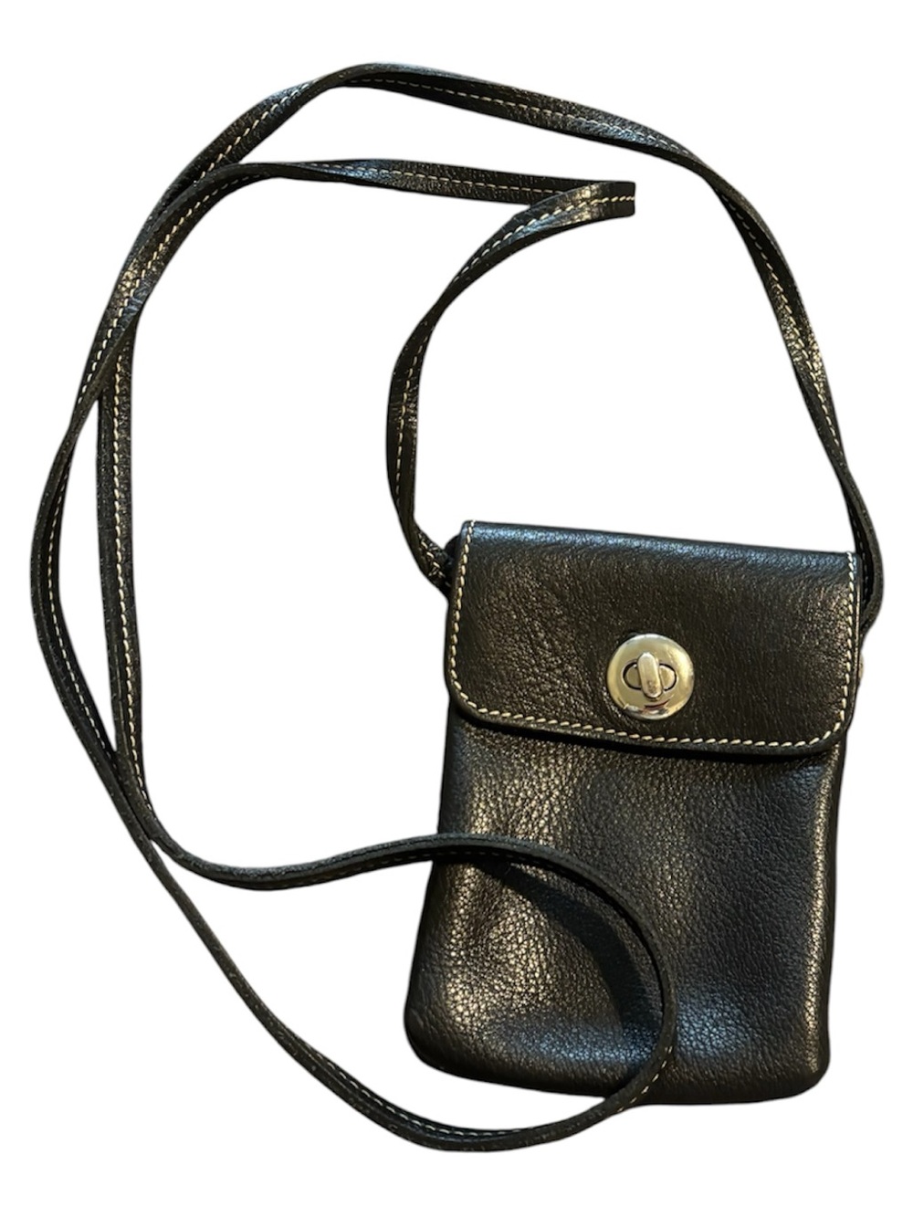 📖Black Leather Crossbody Phone Pouch - Classic Turn-Lock